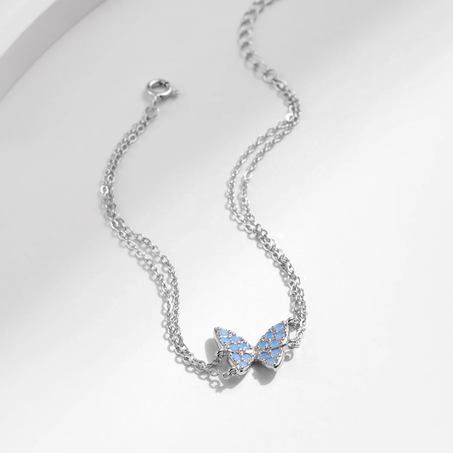 MODIAN Sweet Blue Opal Butterfly Bracelet 925 Sterling Silver Fashion Double Layer Link Chain Bracelets For Women Fine Jewelry