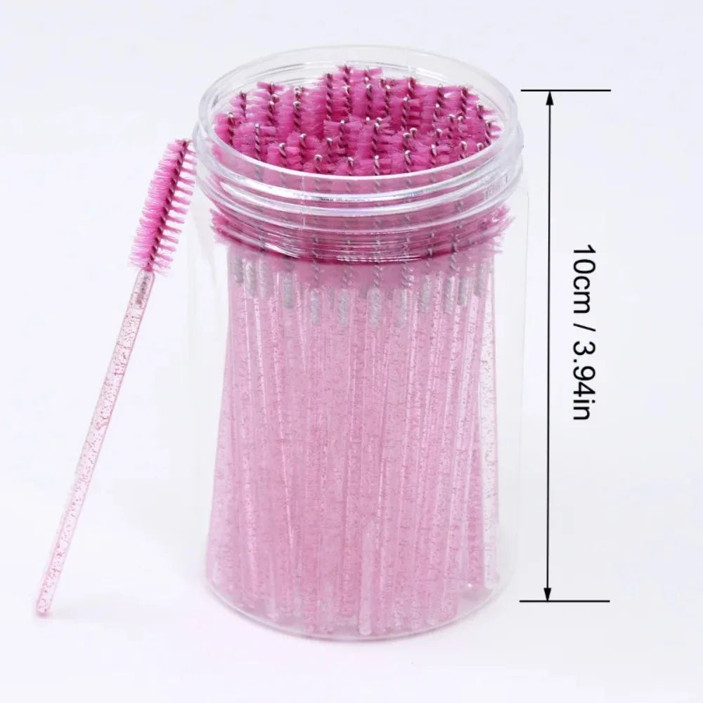 50Pcs Disposable Mascara Wands, Crystal Eyebrow Spoolies Brush for Eyelash Extensions Lash Brushes with Container Makeup Tools