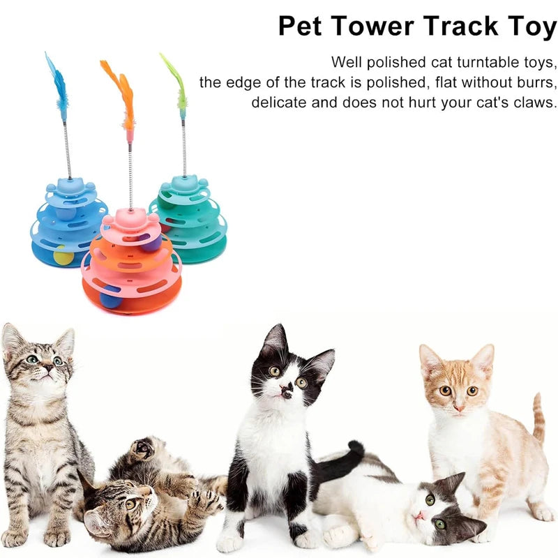 4-Layers Feather Cat Turntable with Fun Toy Ball and Playing Stick Interactive Cat Toy Tower Kitten Turntable Track Roller Balls