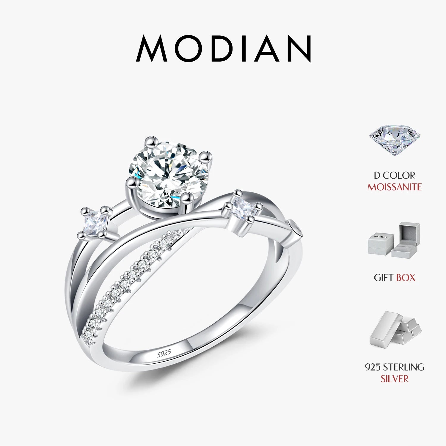 MODIAN 1CT VVS1 Clarity Moissanite Dazzling Ring 925 Sterling Silver e Multi-layer Lines Rings For Women Wedding Jewelry Gifts