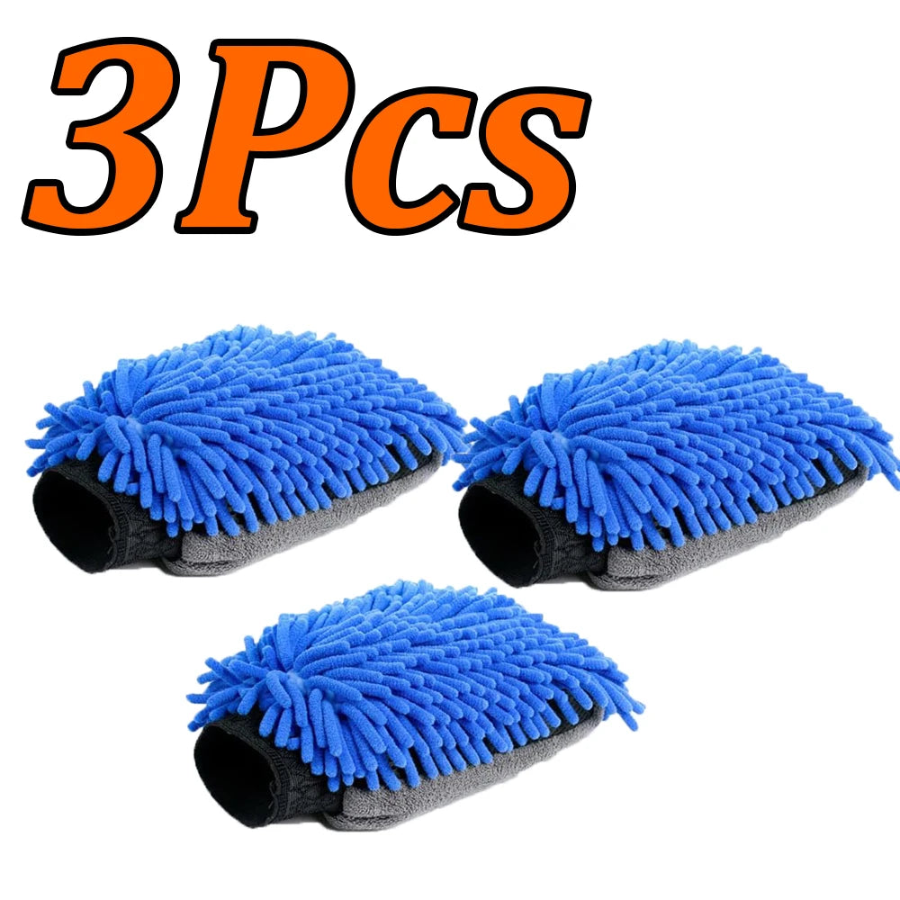 3-1Pcs Car Wash Gloves Microfiber Chenille Gloves Waterproof Car Cleaning Mitt Wax Detailing Brush Auto Care Double-faced Glove