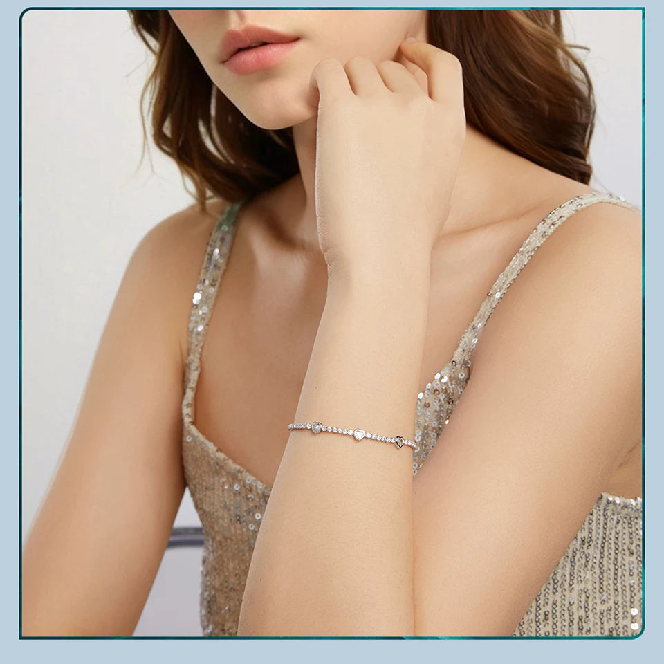 BAMOER 925 Sterling Silver Elegant Heart Bracelets for Women, AAAAA+ CZ Adjustable Chain Tennis Bracelet Jewelry Gifts BSB208