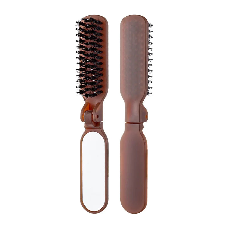 1Pc Boar Bristle Massage Hair Comb Anti Static with Makeup Mirror Folding Comb High Skull Integrated Styling Combs Supplies
