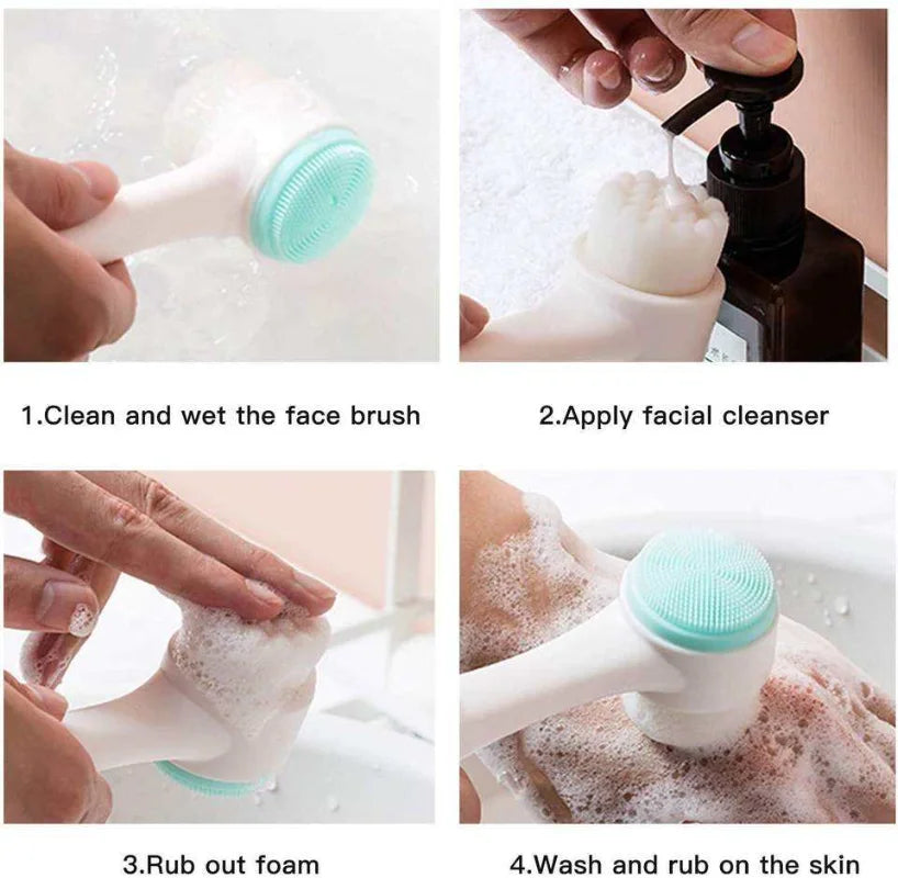 QIWU 3D Double Silicone Facial Cleansing Brush Manual Massage Facial Brush Soft Bristles Exfoliator Double Sided Face Wash Brush