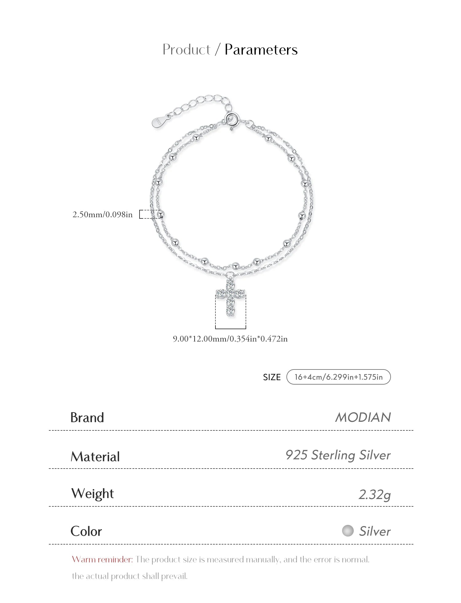 MODIAN Exquisite Cross CZ Bracelet 925 Sterling Silver Stackable Double Layer Link Chain Beads Bracelets For Women Fine Jewelry