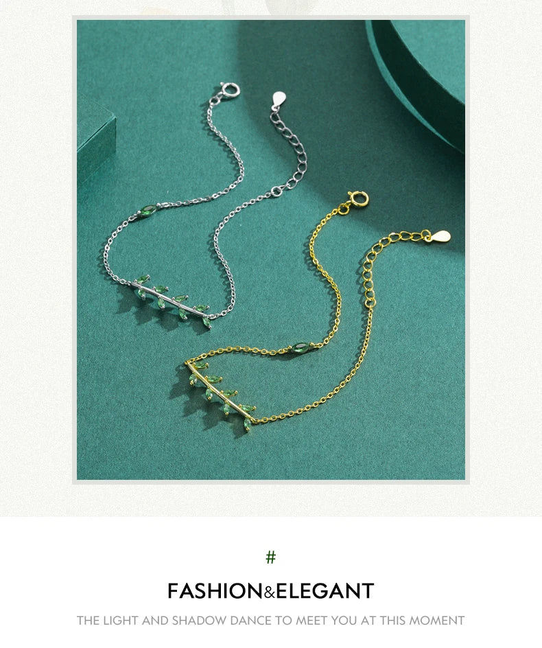 MODIAN 925 Sterling Silver Green Leaf Zirconia Adjustable Link Chain Bracelet For Women Fashion Wedding Jewelry Accessories
