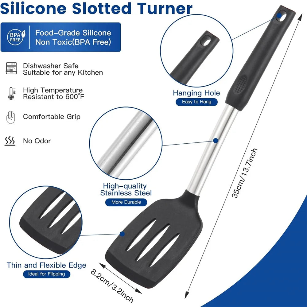 2 Pieces Silicone Spatula Kitchen Cooking Utensils Stainless Steel Tight Spatula Leaky Spatula Non-stick Cookware Kitchen Tools