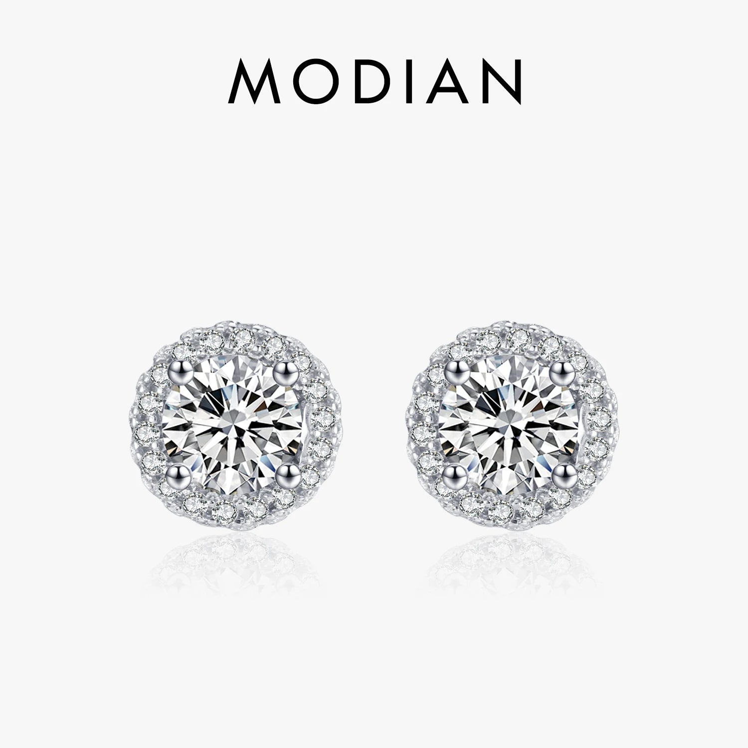 Modian Real 925 Sterling Silver Luxury Simple Cubic Zirconia Stud Earrings for Women Round CZ Wedding Statement Jewelry Gifts