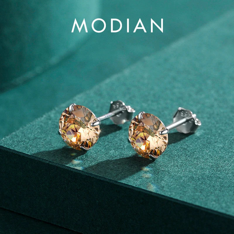 Modian Champagne Zirconia Stud Earrings 925 Sterling Silver Round CZ Hypoallergenic 4MM 5MM 6MM 7MM Earrings For Women Jewelry