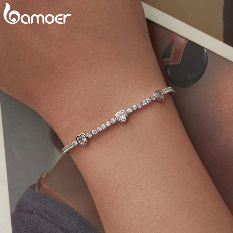 BAMOER 925 Sterling Silver Elegant Heart Bracelets for Women, Adjustable Chain Tennis Bracelet Jewelry Gifts