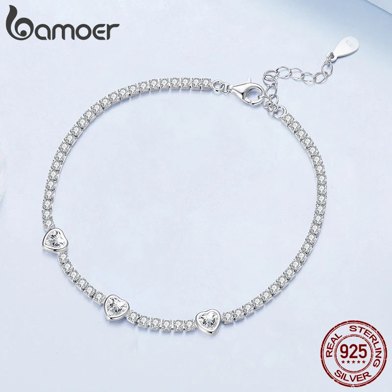 BAMOER 925 Sterling Silver Elegant Heart Bracelets for Women, Adjustable Chain Tennis Bracelet Jewelry Gifts