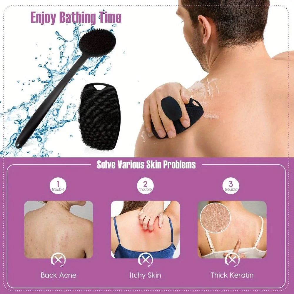 2Pcs Shower Back Scrubber Exfoliating Bath Brush Gentle Exfoliation Body Shower Silicone Shower Brush Long Handle Bath Brushes