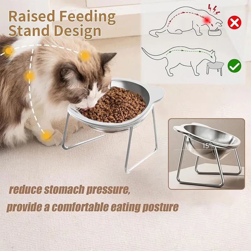 15 Degree Inclined Stainless Steel Cat Bowl Detachable Anti Overturning Elevated Cat Water Bowl Neck Protection Anti-flip