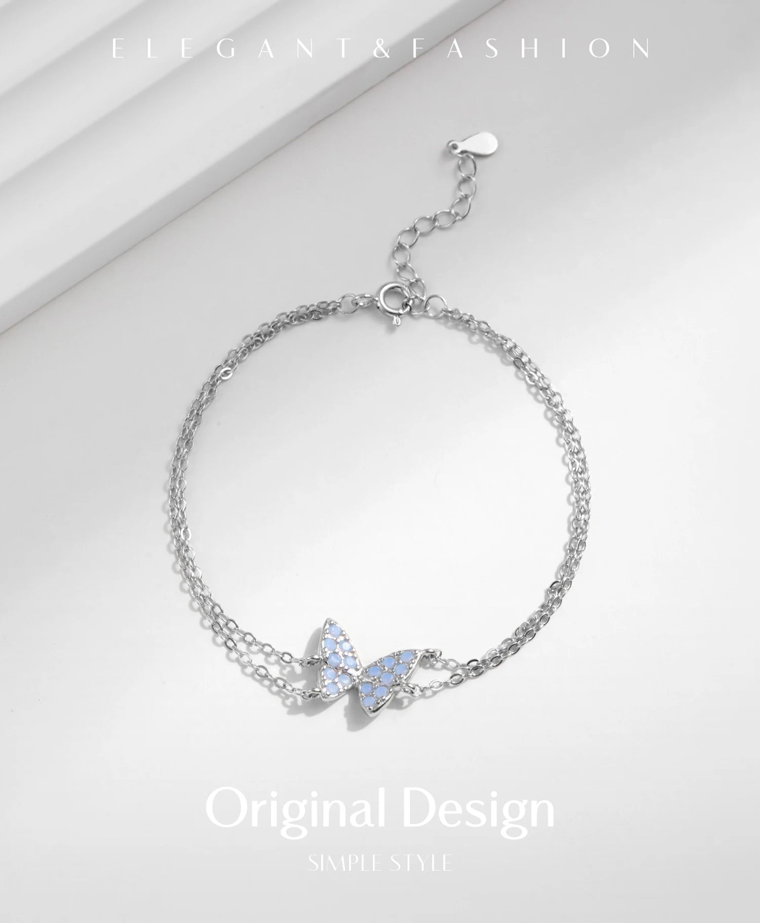 MODIAN Sweet Blue Opal Butterfly Bracelet 925 Sterling Silver Fashion Double Layer Link Chain Bracelets For Women Fine Jewelry
