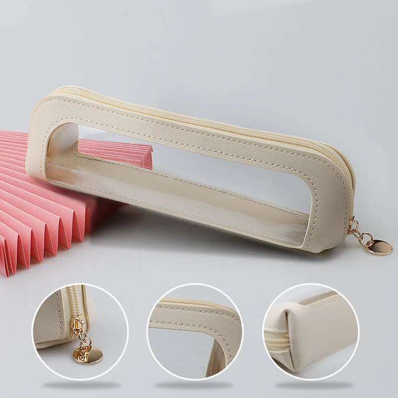 Clear Makeup Bag, PU Leather Travel Makeup Brush Case Portable Transparent Waterproof Cosmetic Organizer Pouch with Zipper