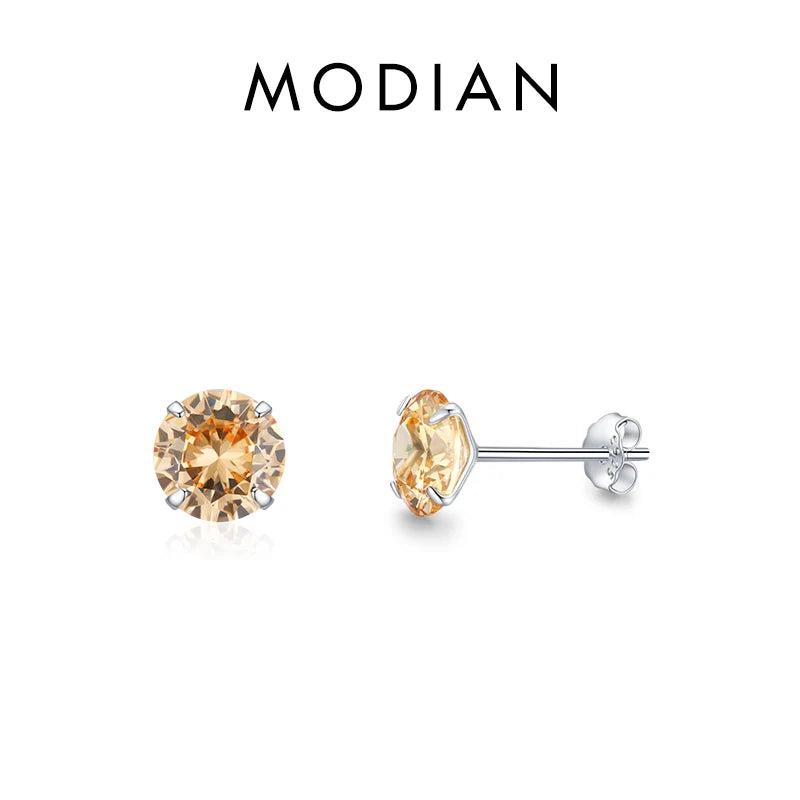 Modian Champagne Zirconia Stud Earrings 925 Sterling Silver Round CZ Hypoallergenic 4MM 5MM 6MM 7MM Earrings For Women Jewelry