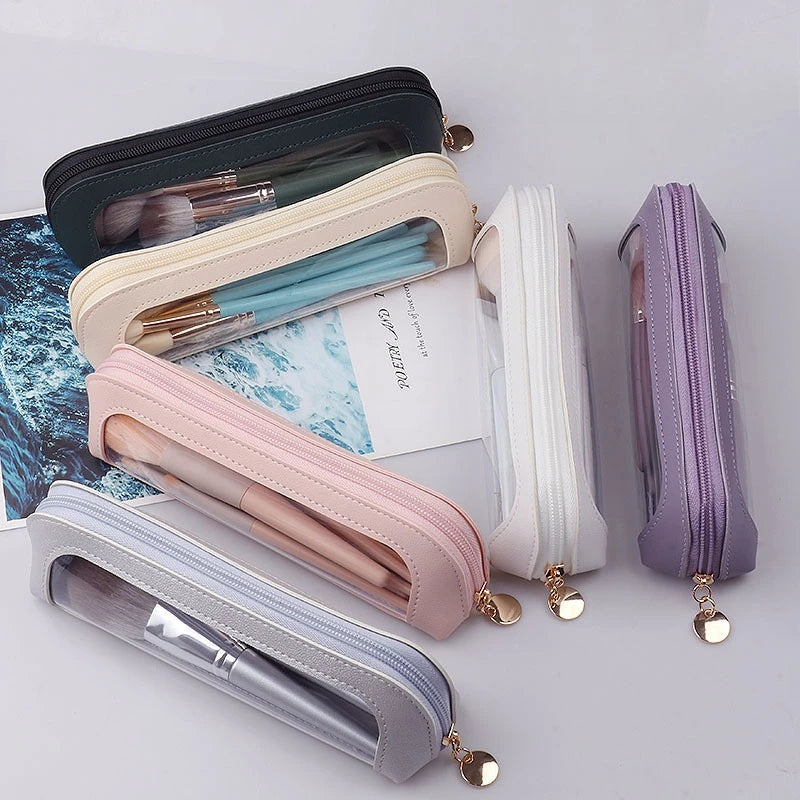 Clear Makeup Bag, PU Leather Travel Makeup Brush Case Portable Transparent Waterproof Cosmetic Organizer Pouch with Zipper